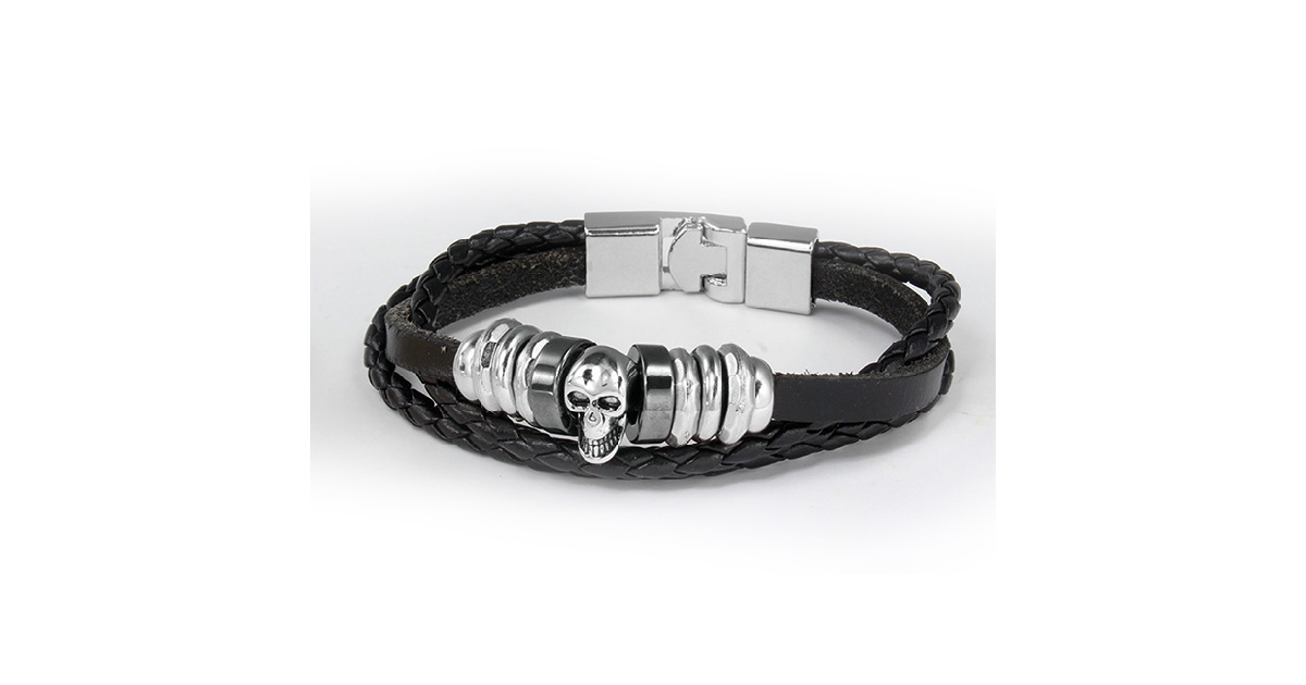 Men's/Unisex Braided Genuine Leather Skull Bracelet 