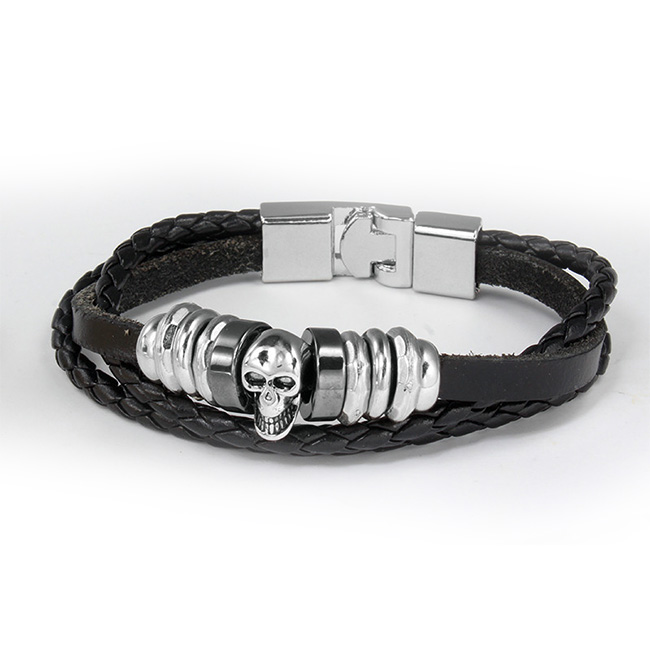 Men's/Unisex Braided Genuine Leather Skull Bracelet 