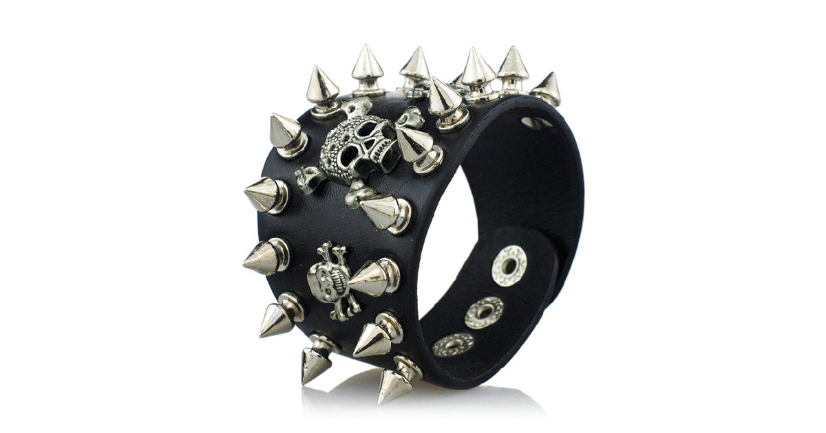 Spikes,Rivets & Skull  Biker Wide Cuff Leather Bracelet 