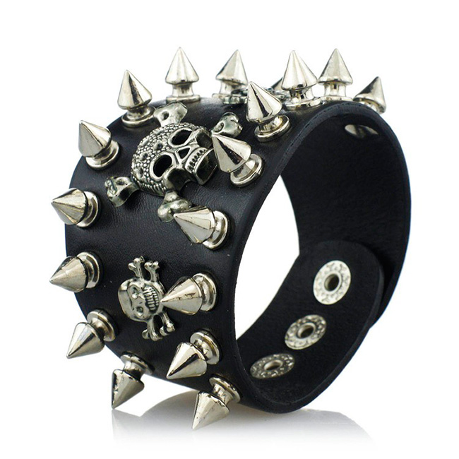 Spikes,Rivets & Skull  Biker Wide Cuff Leather Bracelet 