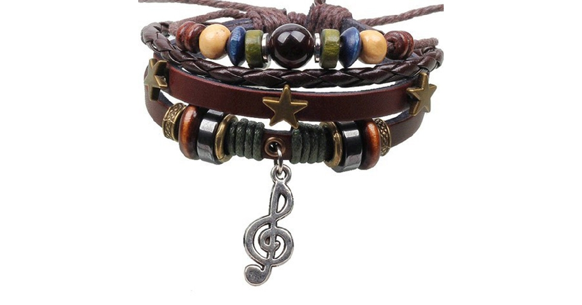 Musical Note Rope Leather Earth Bracelet w/ Tan, Turquoise & Metal Accents