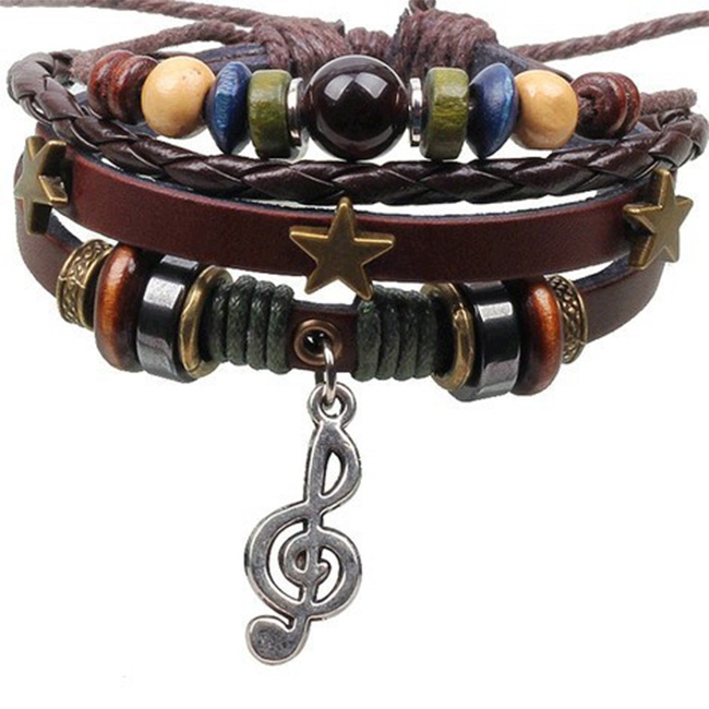 Musical Note Rope Leather Earth Bracelet w/ Tan, Turquoise & Metal Accents