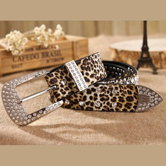 Ladies Leopard Pattern, Leather Rhinestone Studded Rivet Strap Tail Belt