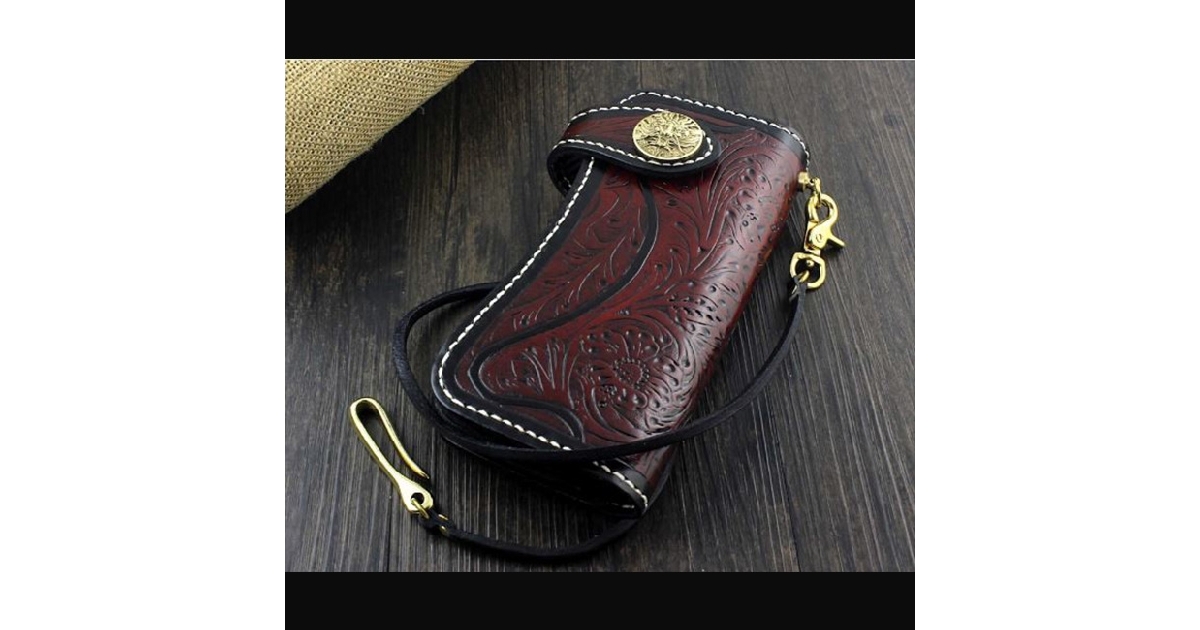 Hand Tool Carved Dragon Biker Tattooed Leather Bi-fold Long Chain Wallet 