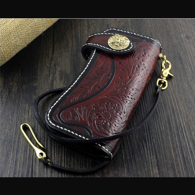 Hand Tool Carved Dragon Biker Tattooed Leather Bi-fold Long Chain Wallet 