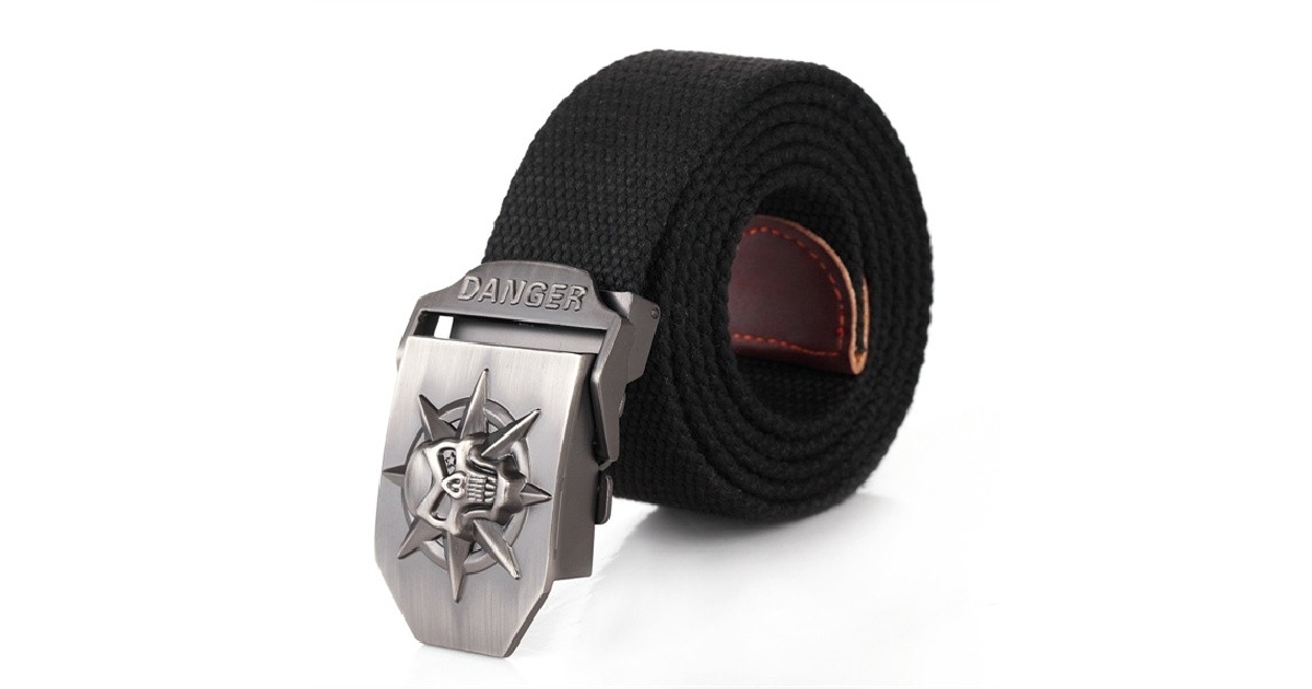 Men's Metal Danger/Skull Buckle with Woven Canvas Belt 