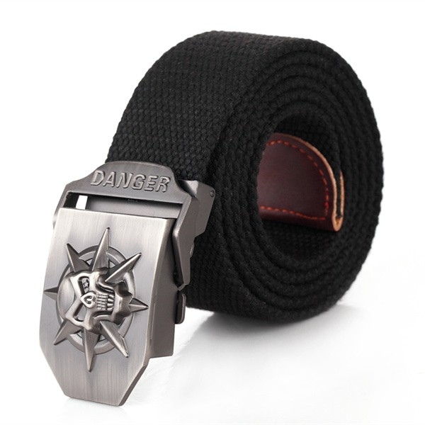 Men's Metal Danger/Skull Buckle with Woven Canvas Belt 