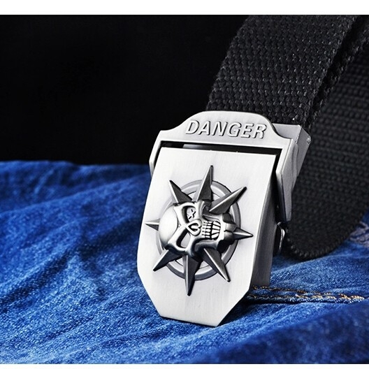 Men's Metal Danger/Skull Buckle with Woven Canvas Belt 