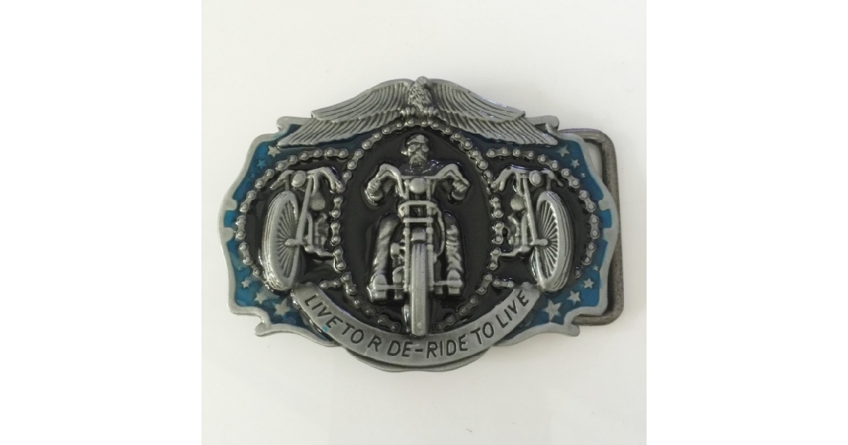 Live To Ride Motorcycle Biker Belt Buckle with Blue Trim