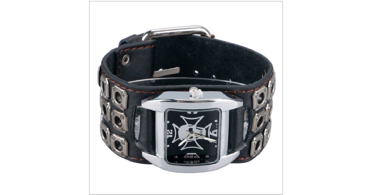 Quartz Biker Skull Leather Hole Bracelet Band 