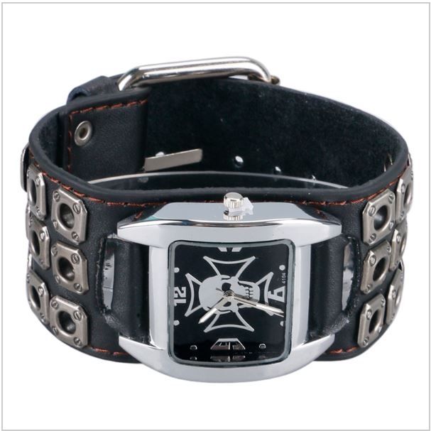 Quartz Biker Skull Leather Hole Bracelet Band 