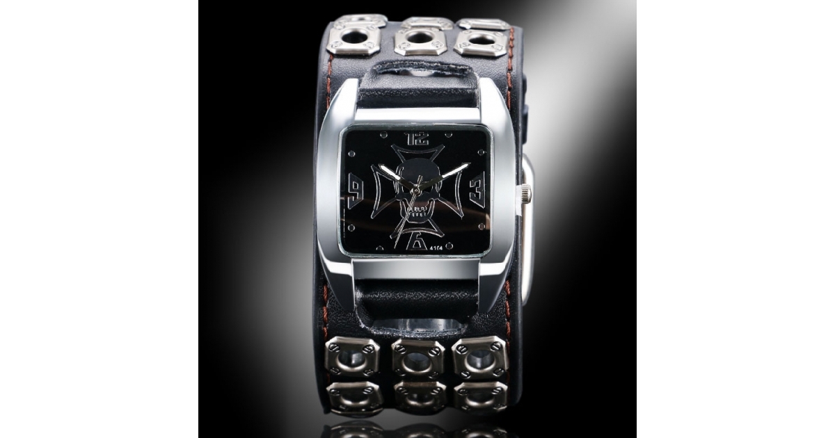 Quartz Biker Skull Leather Hole Band Bracelet Watch