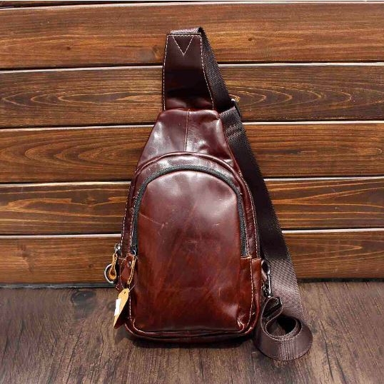 Mens Vintage Biker Oil Leather Chest CrossBody Bag