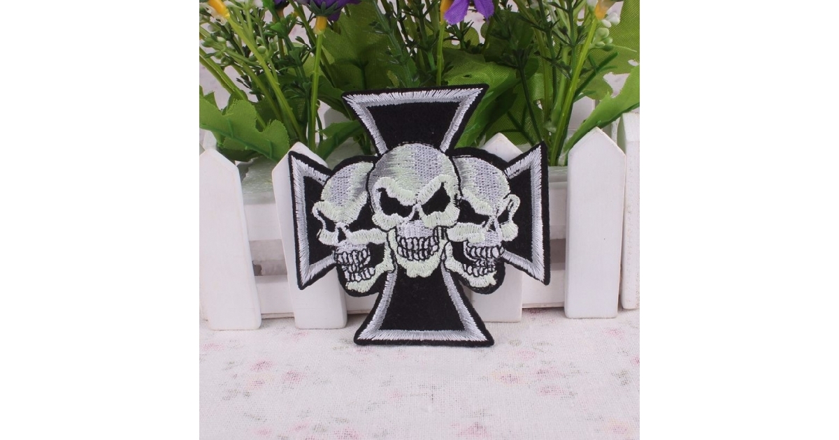 TRIPLE SKULL CELTIC CROSS  Embroidered Motorcycle Patch