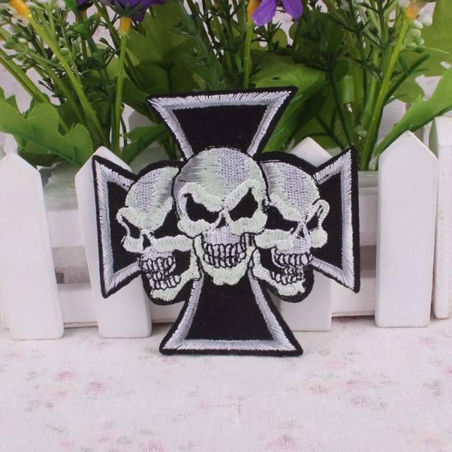 TRIPLE SKULL CELTIC CROSS  Embroidered Motorcycle Patch