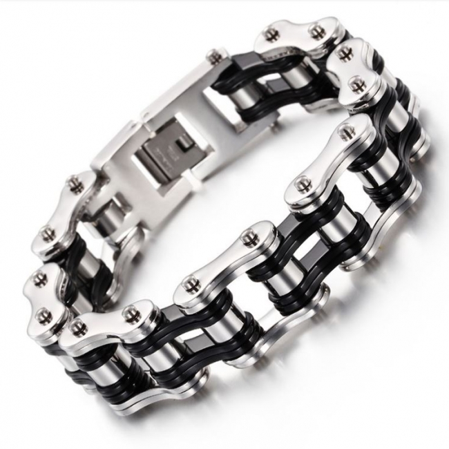 Heavy Duty Men's Silver & Gloss Black Motorcycle Chain Bracelet - 316L Stainless Steel