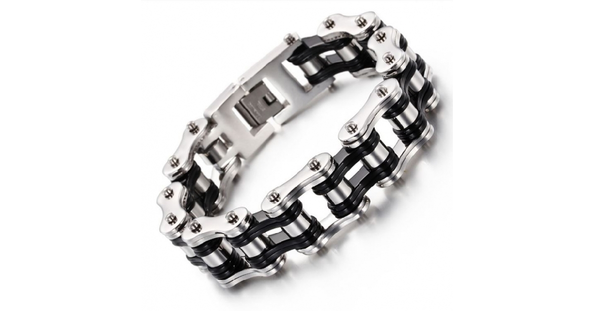 Heavy Duty Men's Silver & Gloss Black Motorcycle Chain Bracelet - 316L Stainless Steel