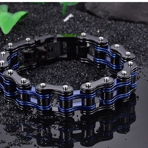 Heavy Metal Motorcycle Chain Bracelets w/ Blue Accent