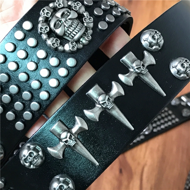 Mens Swords & Skulls Metal Rivet Leather Belt