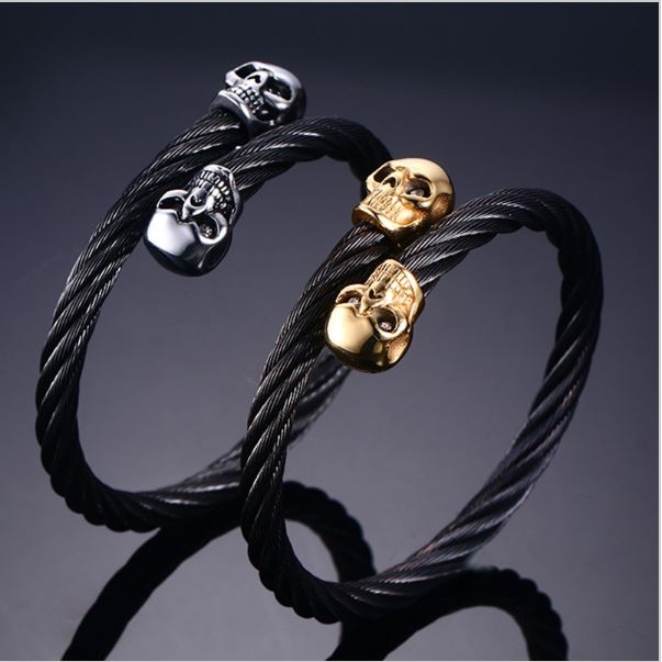 Unisex Stainless Steel Wire Cable Skull Biker  Bracelet