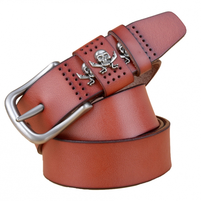 Studded Skull & Cross Sword Dress Belt - 100% Genuine Leather