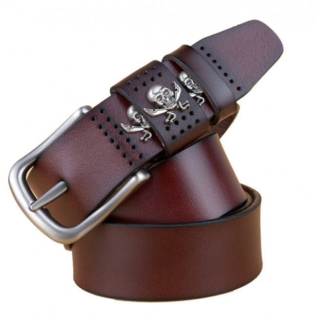 Studded Skull & Cross Sword Dress Belt - 100% Genuine Leather