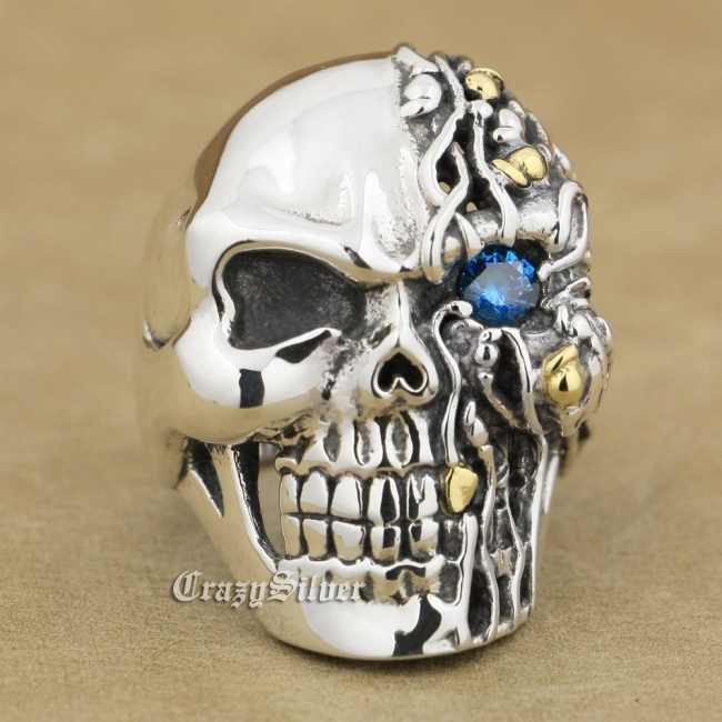 Sterling Silver Terminator Skull w/ Blue CZ Eye 