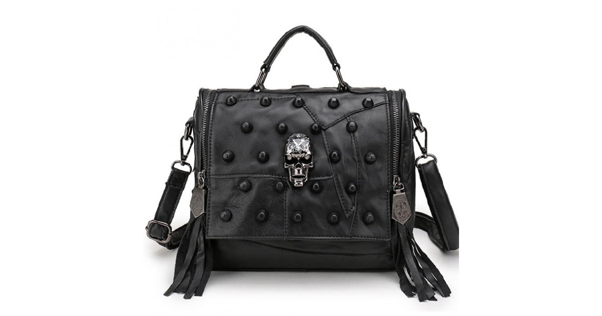 Genuine Leather Rivets & Skull Multi-functional Patchwork Bag 