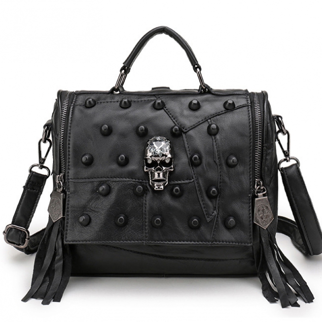 Genuine Leather Rivets & Skull Multi-functional Patchwork Bag 