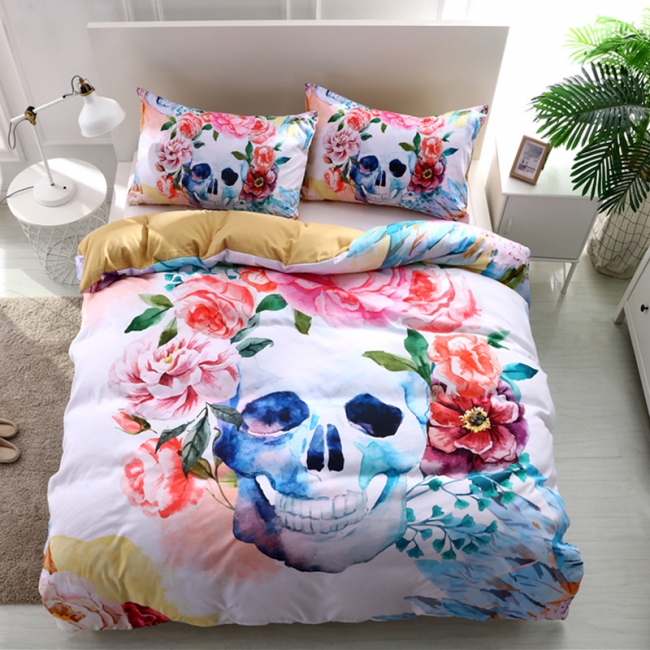 3D Skull & Flowers Duvet Cover with Matching Pillowcases 