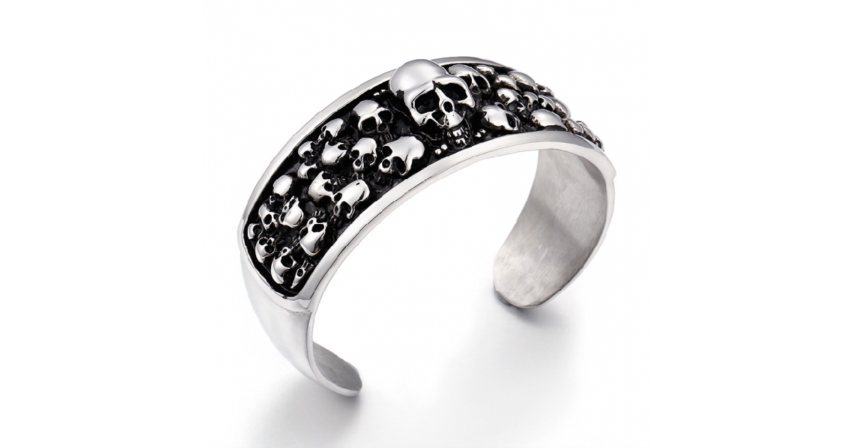 Stainless Steel Biker Skeleton Skull Cuff Bracelet 