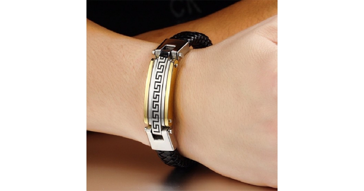 Elegant Biker Black Leather Stainless Steel Bracelet