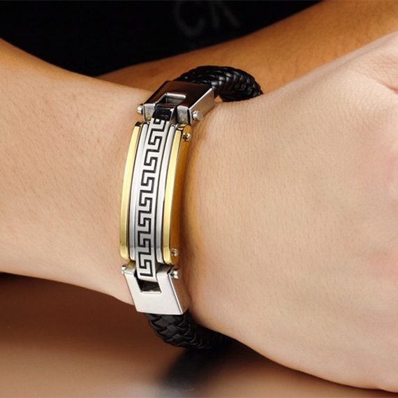 Elegant Biker Black Leather Stainless Steel Bracelet