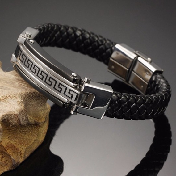 Elegant Biker Black Leather Stainless Steel Bracelet