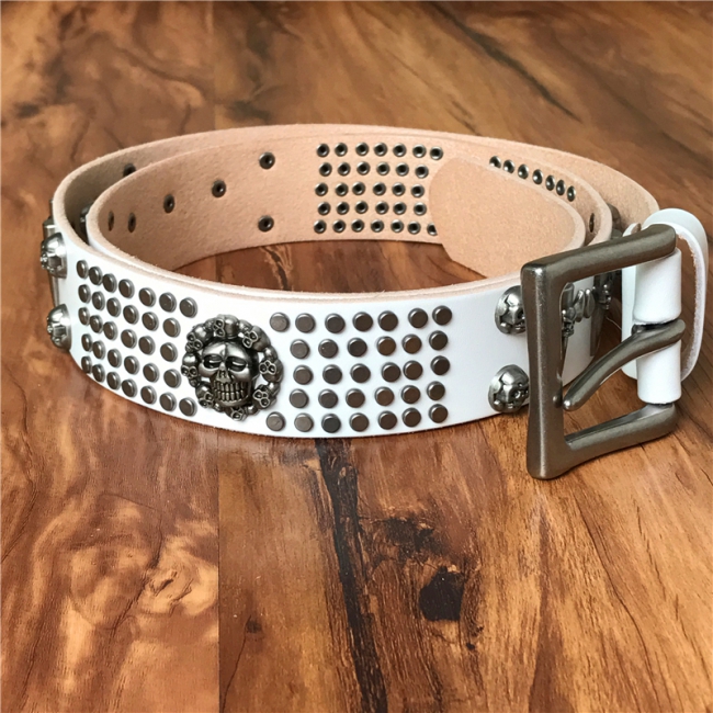 Ladies Swords & Skulls Metal Rivet White Leather Belt