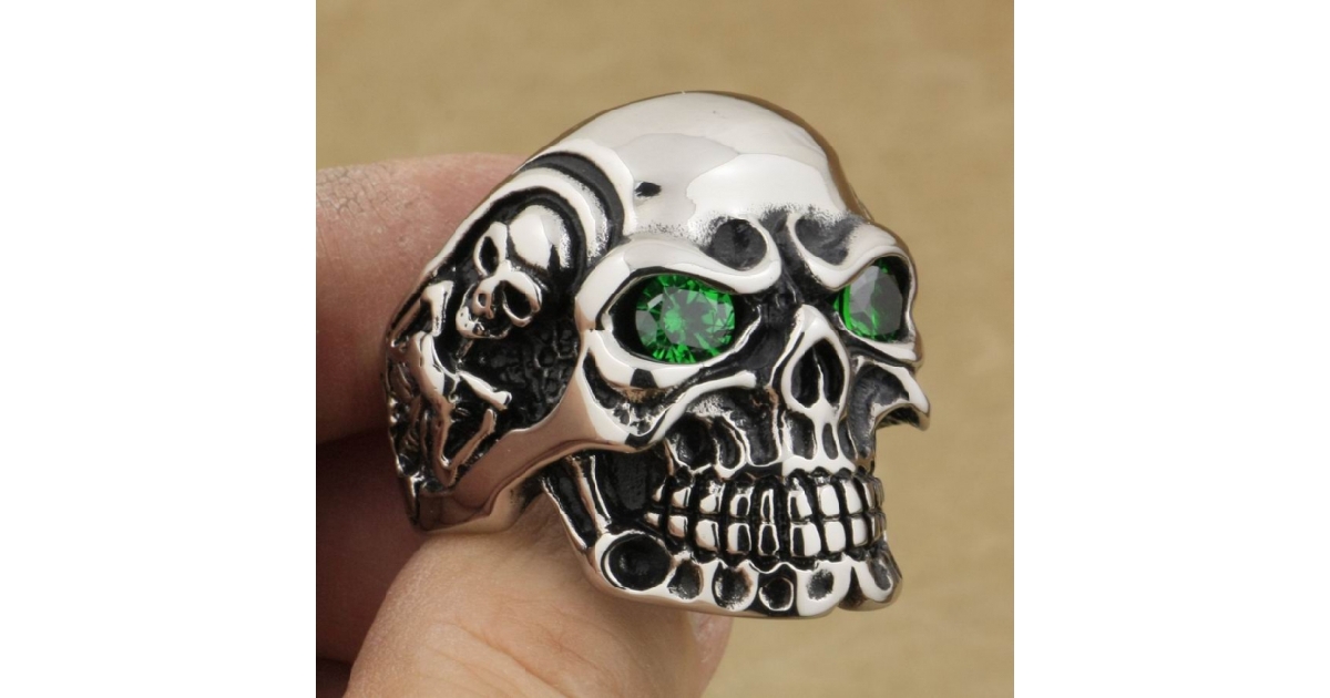Huge Heavy Duty Stainless Steel Green CZ Eyes Titan Skull Ring