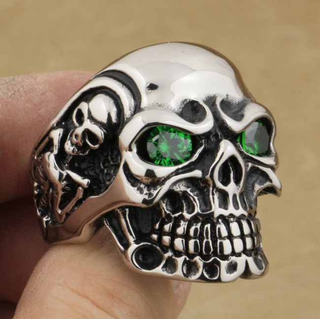 Huge Heavy Duty Stainless Steel Green CZ Eyes Titan Skull Ring