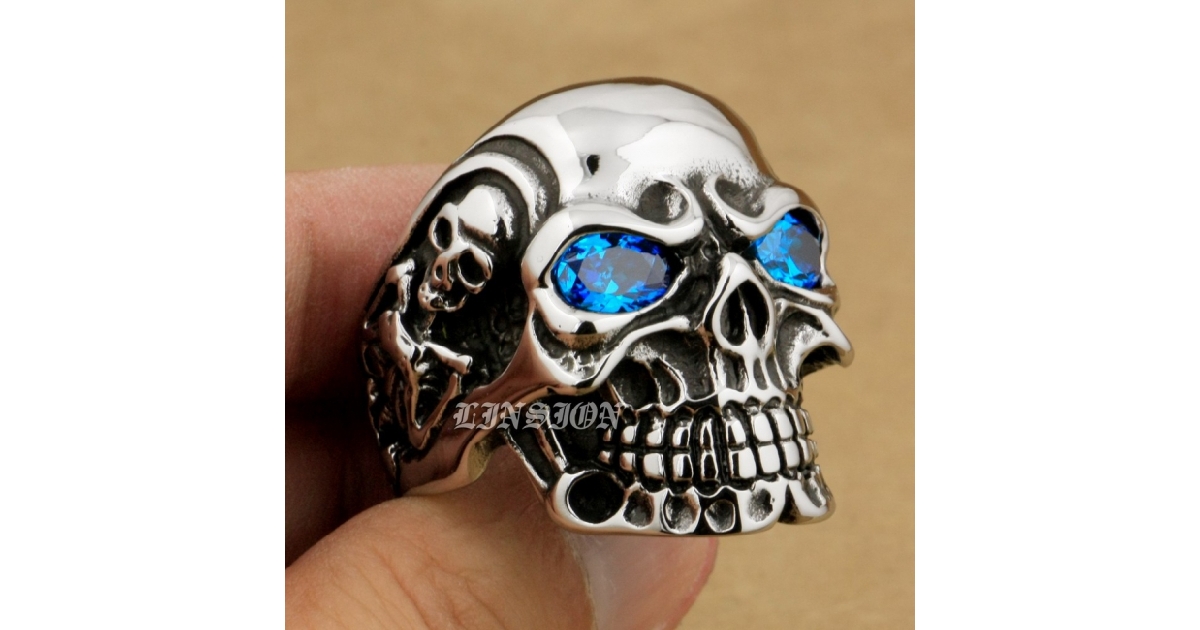 Huge Heavy Duty Stainless Steel Blue CZ Eyes Titan Skull Ring