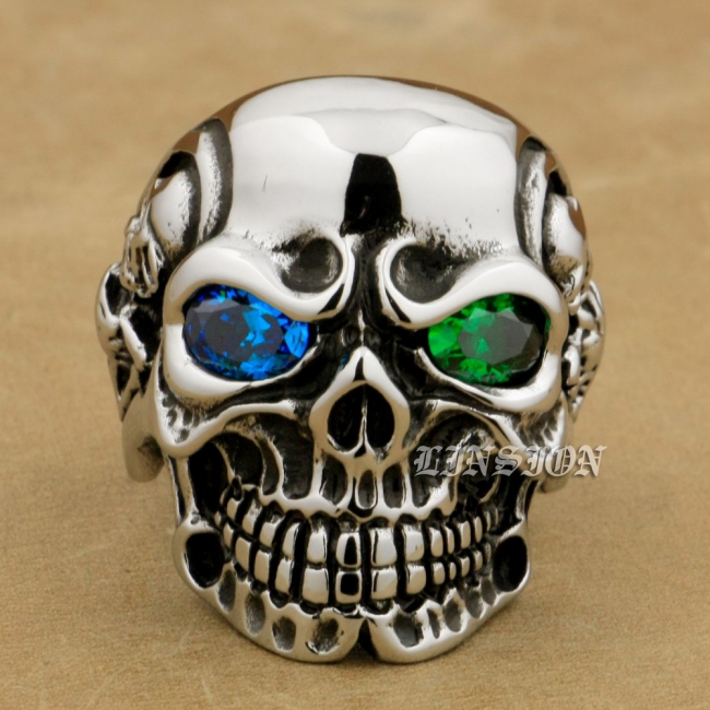 Huge Heavy Duty Stainless Steel Blue/Green CZ Eyes Titan Skull Ring