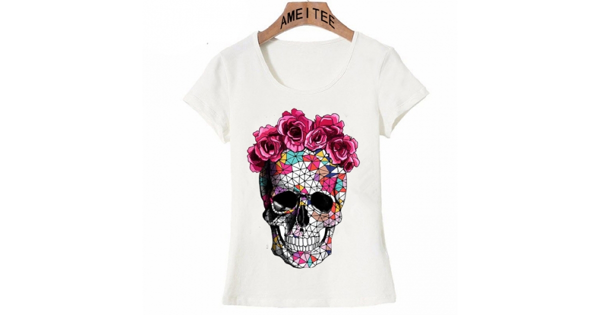 Women's Short Sleeve Flower Crown Skull