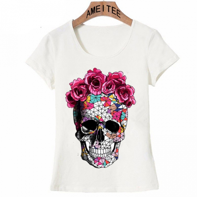 Women's Short Sleeve Flower Crown Skull