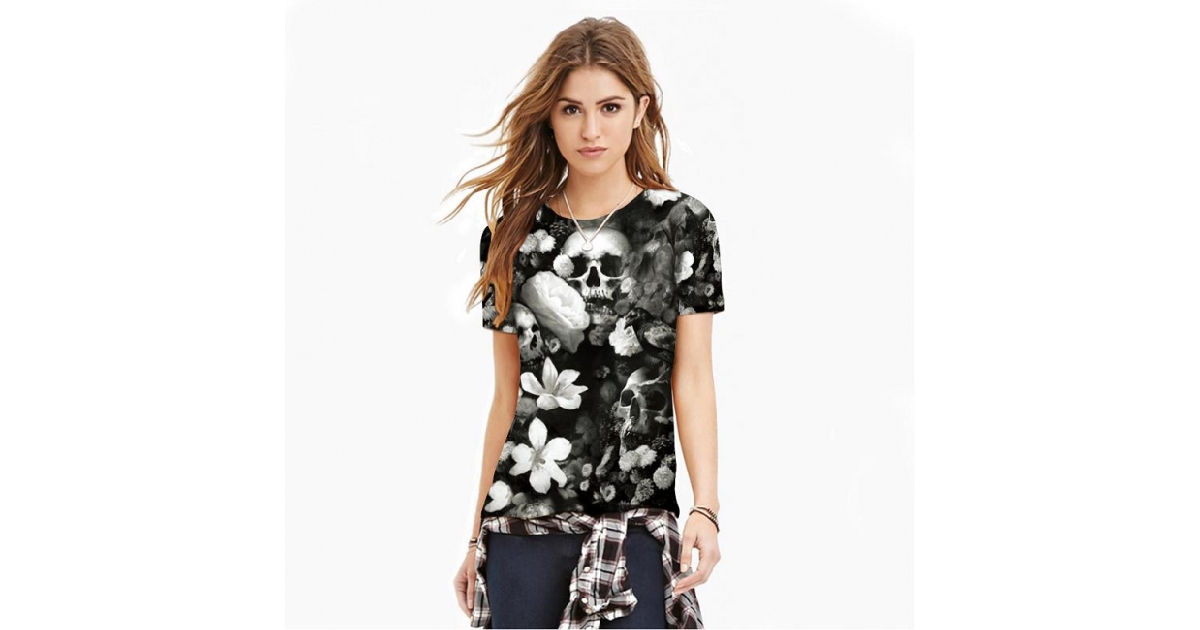 Gray Scale 3D Skulls & Flowers Tee 