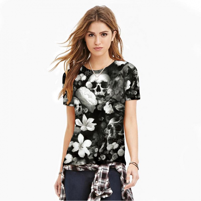 Gray Scale 3D Skulls & Flowers Tee 