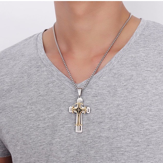 Meaeguet Vintage Stainless Steel Layered Cross Pendant Necklace 