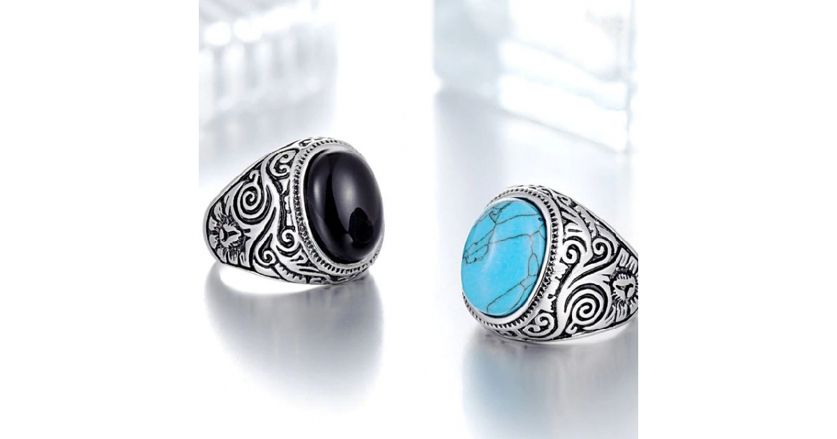 Stainless Steel Turquoise/Black Onyx Tibet Style Biker Rings