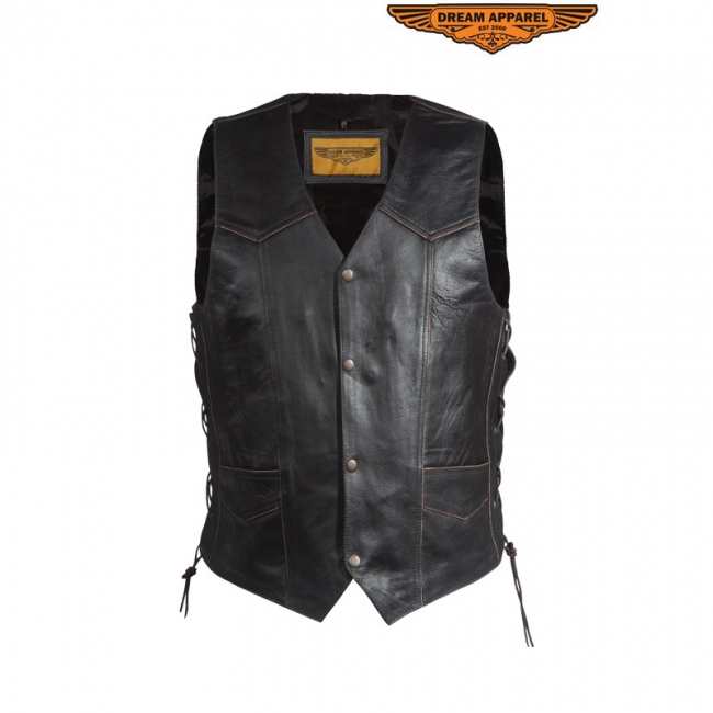 Men's Retro Black Leather Vest With USA Eagle Embossed