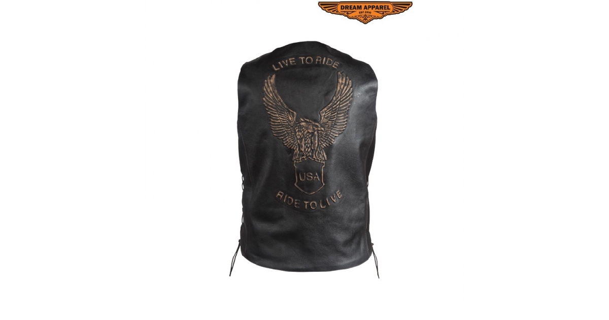 Men's Retro Black Leather Vest With USA Eagle Embossed