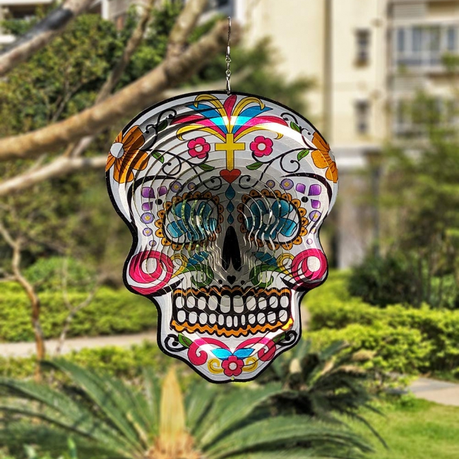 Kinetic 3D Metal Sugar Skull Wind Spinner