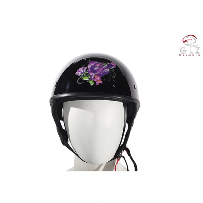 Women's Shiny Black DOT Approved Motorcycle Helmet W/ Purple Rose Design