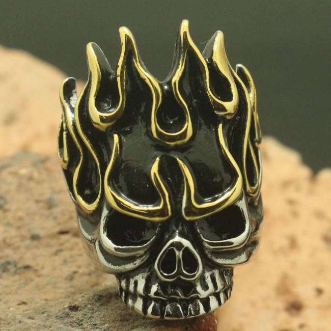 Stainless Steel Flaming Biker Skull Ring